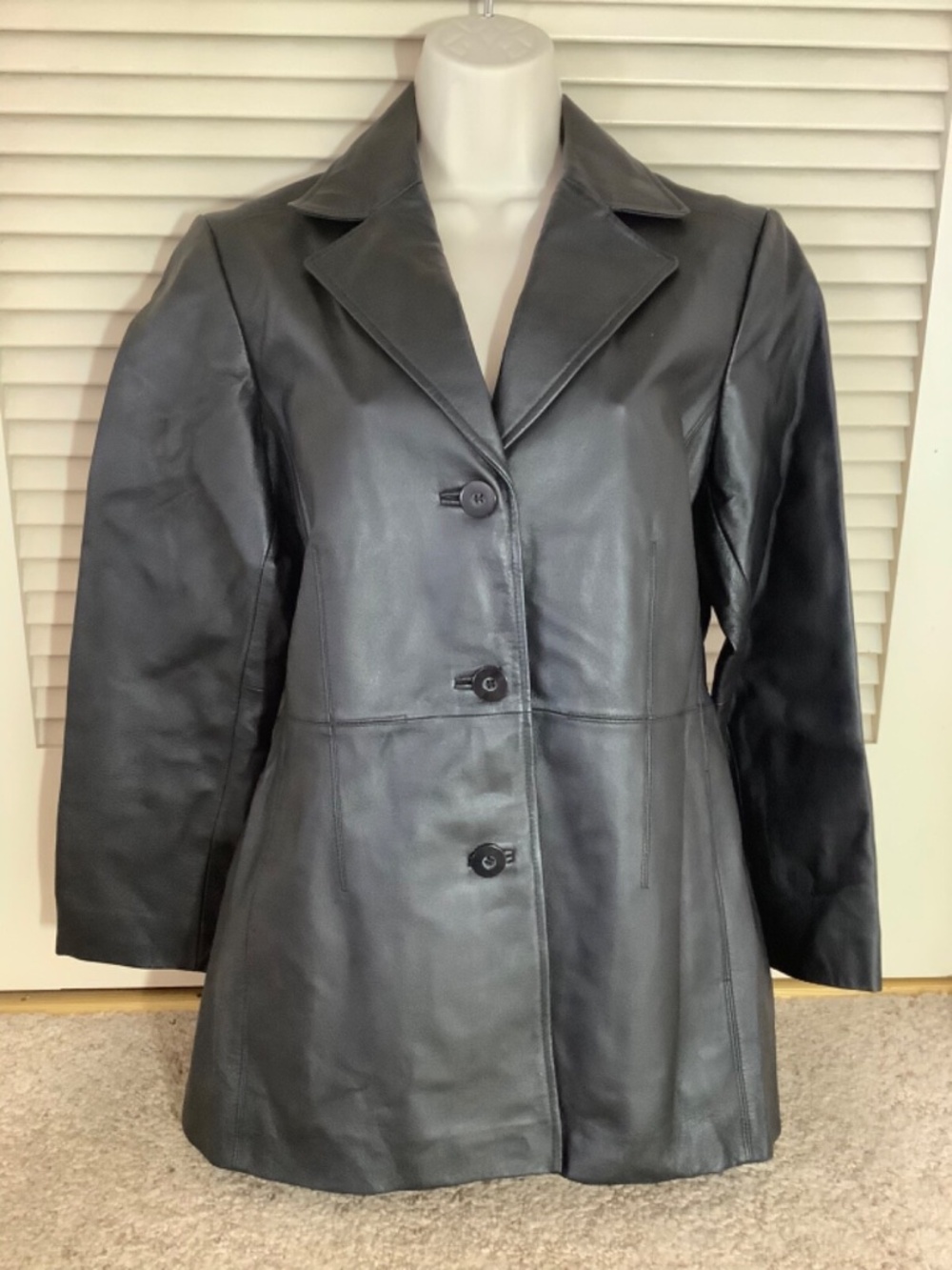 Woman’s WORTHINGTON Trench Coat BLACK LEATHER JACKET 90s Grunge MEDIUM Blazer
